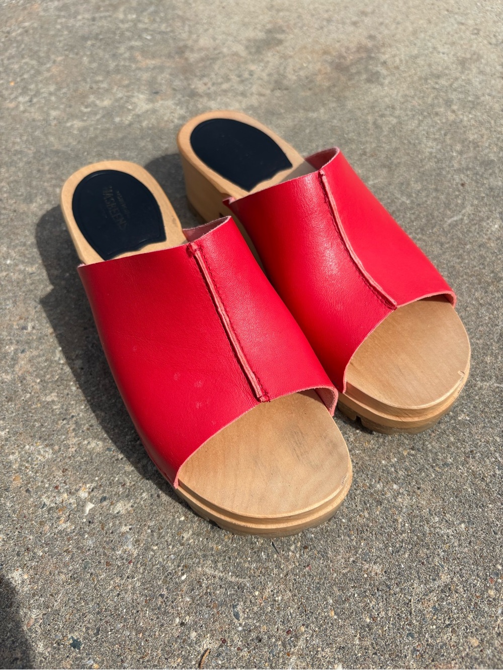 Swedish Hasbeens Red Open-Toe Leather Slide Clogs